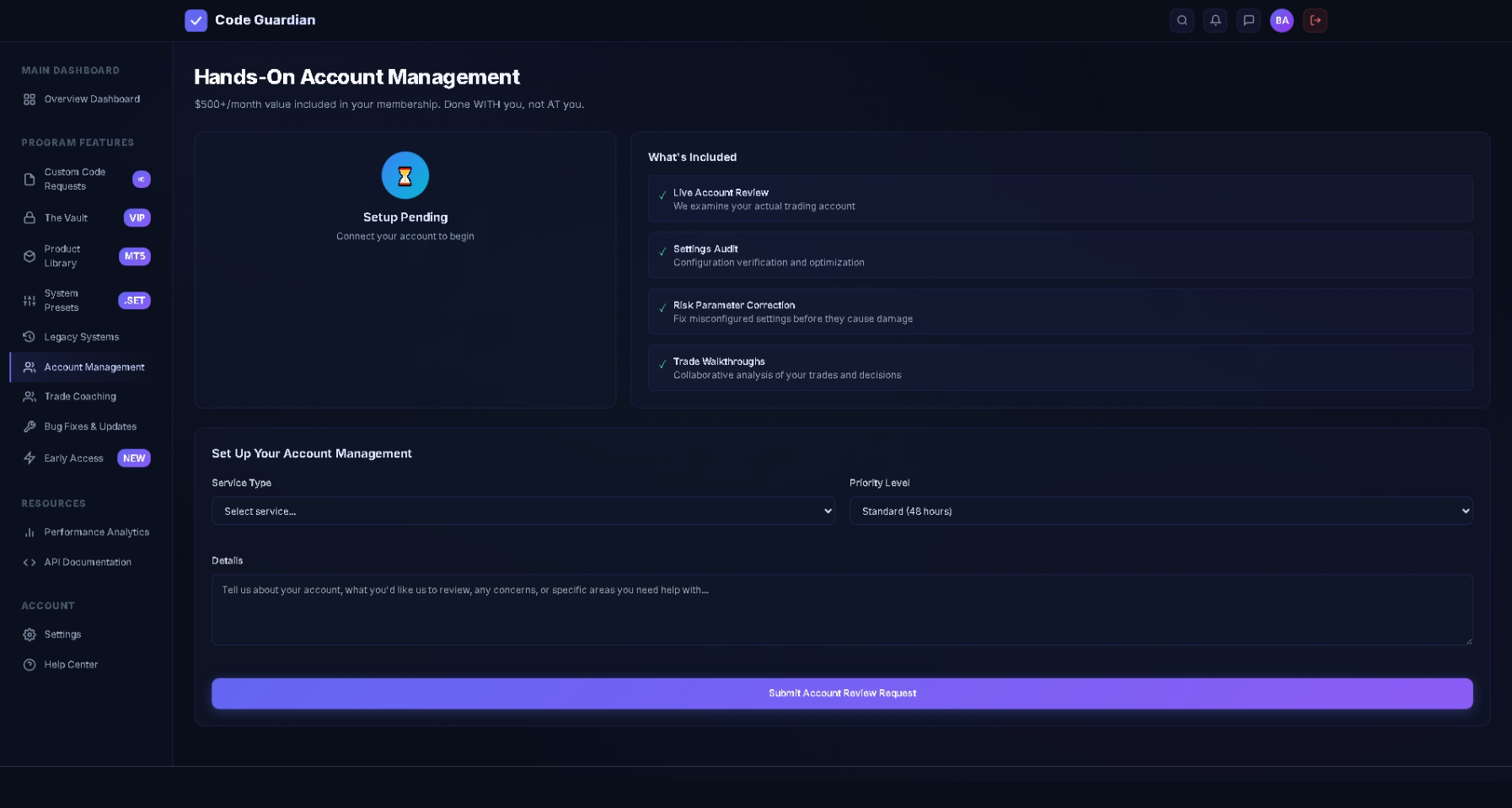 Code Guardian account management dashboard showing live account review, settings audit, risk correction, and trade walkthrough features