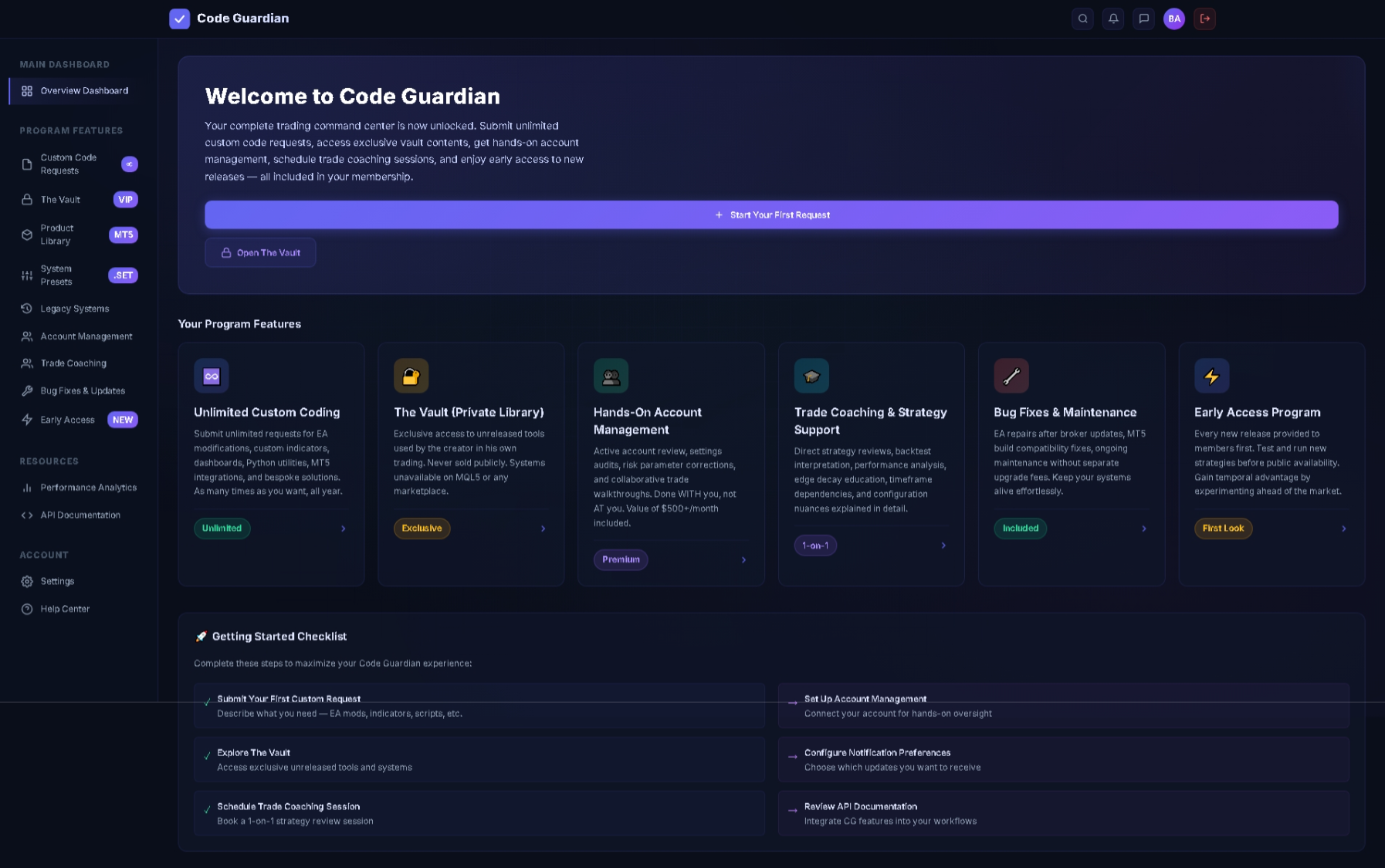 Overview of the Code Guardian dashboard with membership feature cards and a getting started checklist